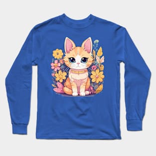 Cute Cat with Flowers Long Sleeve T-Shirt